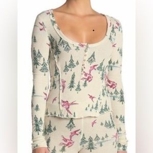 INTIMATELY FREE PEOPLE Home All Day Birds & Pine Trees Thermal Pajama Top Size S